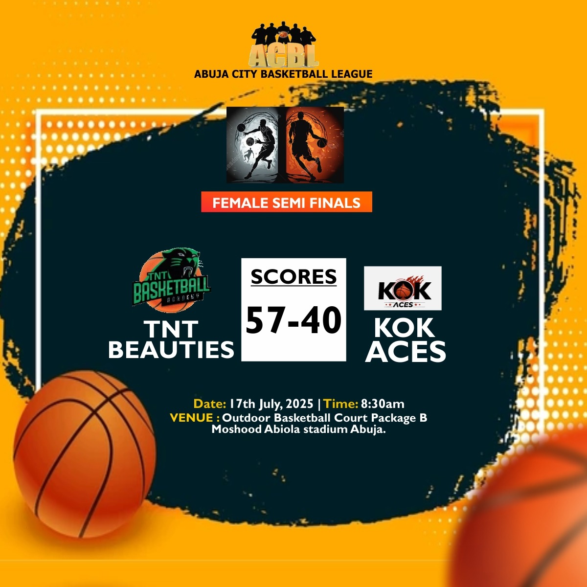 TNT Beauties book their spot in the ACBL Finals! 🏀🔥

Final: TNT 57 - 40 KOK Aces

KOK didn’t make it easy, but TNT held strong in the semi-final opener of the Abuja City Basketball League.

#ACBL #ACBL2025 #NaijaBasketball #9jahoopsTv #WomenInSports #Abuja