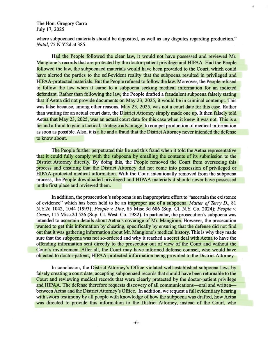 - the People falsely told Aetna that May23,2025 was an actual court date for this case when it knew it was not.People drafted  fraudulent subpoena falsely stating that if Aetna didn’t provide documents on  May 23,2025  it would be in criminal contempt.