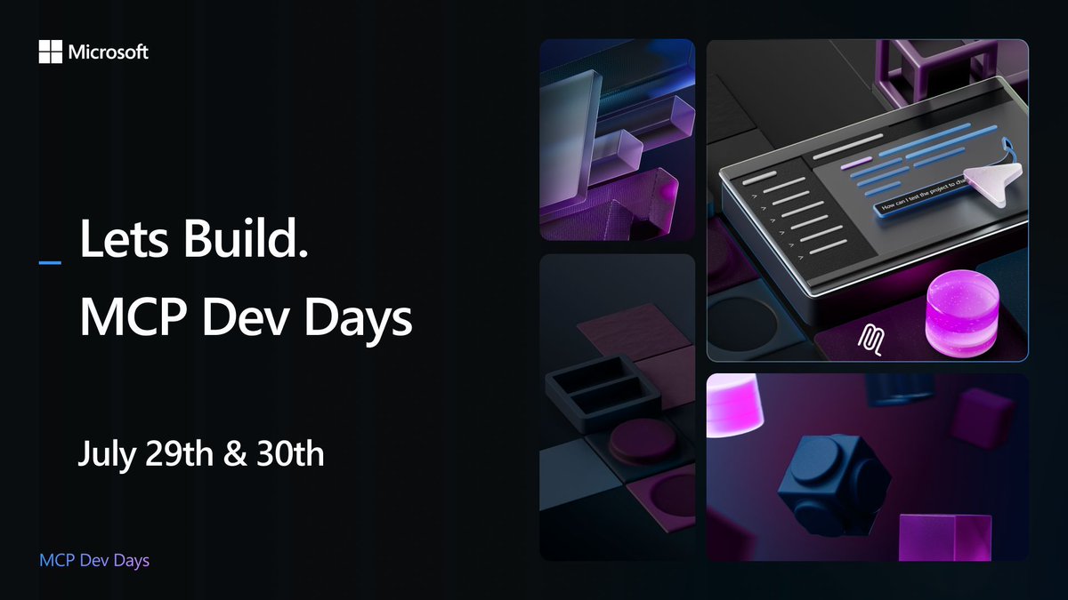 code's tweet image. Join us on July 29th and 30th for MCP Dev Days, a 2 day virtual event exploring the growing ecosystem around MCP!
From devtools spotlights, to hearing from community partners, to going deep on implementation, you won't want to miss this!
aka.ms/MCPDevDays