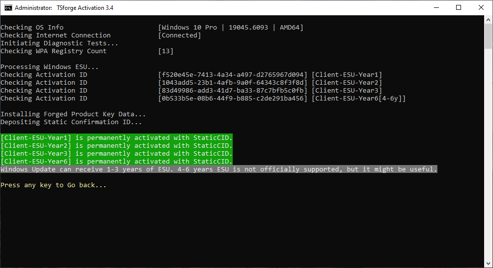 Windows 10 Updates After End-Of-Life:

After October 14, 2025, there are 3 options for Windows 10 Extended Security Updates (ESU):

1. Free ESU for 1 year.

2. Paid ESU for 3 years (activate via TSforge in MAS).

3. Use W10 IoT Enterprise LTSC 2021 (updates until Jan 13, 2032).
