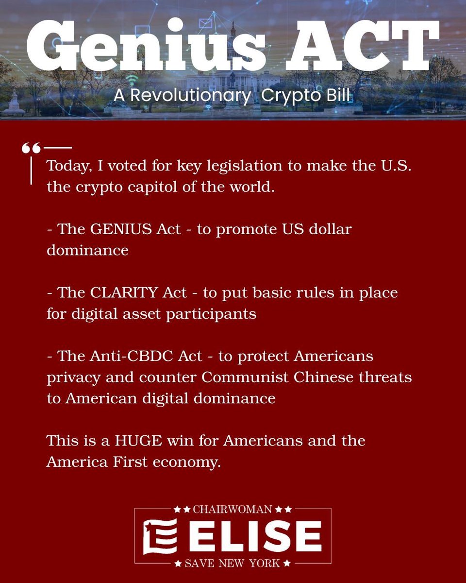 Today, I voted for key legislation to make the U.S. the crypto capitol of  the world. ✓The GENIUS Act - to promote US dollar dominance ✓ The CLARITY  Act - to put
