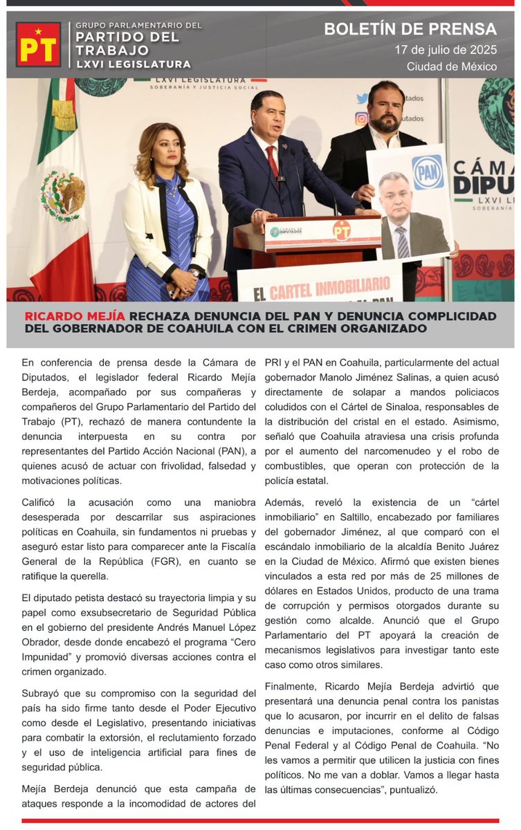 Diputadas y Diputados Petistas (@diputadosptmx) on Twitter photo 📰 #Boletín || <a href="/RicardoMeb/">Ricardo MejíaBerdeja</a> chaza denuncia del PAN y denuncia complicidad de gobierno de Coahuila con el crimen organizado👇 📰 #Boletín || <a href="/RicardoMeb/">Ricardo MejíaBerdeja</a> chaza denuncia del PAN y denuncia complicidad de gobierno de Coahuila con el crimen organizado👇