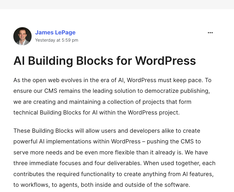 practical_wp's tweet photo. WordPress の AI との親和性を高めるプロジェクト

- PHP AI Client SDK
- Abilities API
- MCP Adapter
- AI Experiments Plugin

今はまだまだ技術的に過渡期な感じでどの AI プロバイダが優勢になるかもわからないので、一点集中ではなくやれることを全部やるのはよさそうと思います。 https://t.co/JTACDvpjlb
