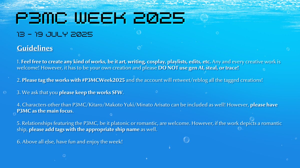P3MCWeek's tweet photo. Thank you all for Day 5. We're already on Day 6 of #P3MCWeek2025!

Day 6: Life / Winter / AU

Please use the tag #P3MCWeek2025 so we can find and RT everyone's works.

Thank you! 💙 https://t.co/yFpWDMCyKD