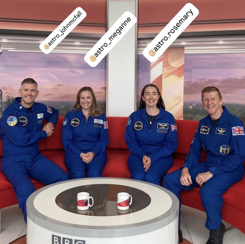 ShuttleAlmanac's tweet photo. Ok what’s going on here? Is this the All-British @Axiom_Space #AX5 crew? The timing of them hitting British TV shows just after the return of #AX4 is interesting. @astro_timpeake https://t.co/xCPGnJxXyS