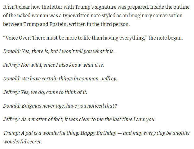 BNODesk's tweet image. Trump signed letter sent to Jeffrey Epstein for his 50th birthday, the Wall Street Journal claims.
It contains the outline of a naked woman, with "Donald" written below the waist. "We have certain things in common," a note said.
Trump denies writing it and threatens to sue.