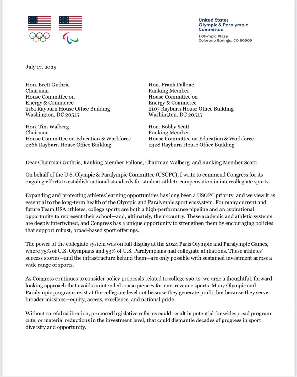 CodyC64's tweet image. The US Olympic Committee is exactly right in what they in this letter. While I applaud Congress for making efforts to Save College Sports, the currently-proposed legislation will not fix the bigger long-term problems and will do significant harm to Olympic Sports, Women’s…