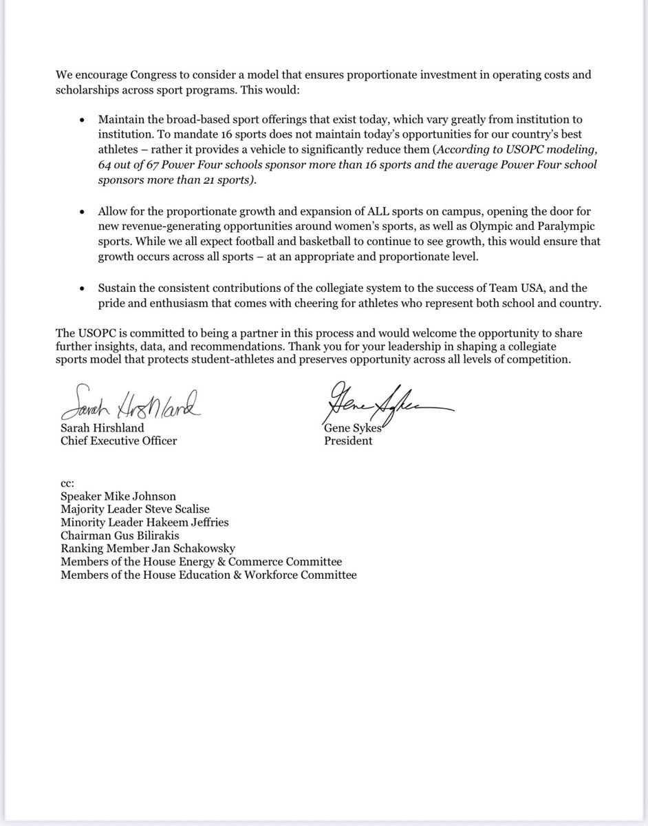 CodyC64's tweet image. The US Olympic Committee is exactly right in what they in this letter. While I applaud Congress for making efforts to Save College Sports, the currently-proposed legislation will not fix the bigger long-term problems and will do significant harm to Olympic Sports, Women’s…