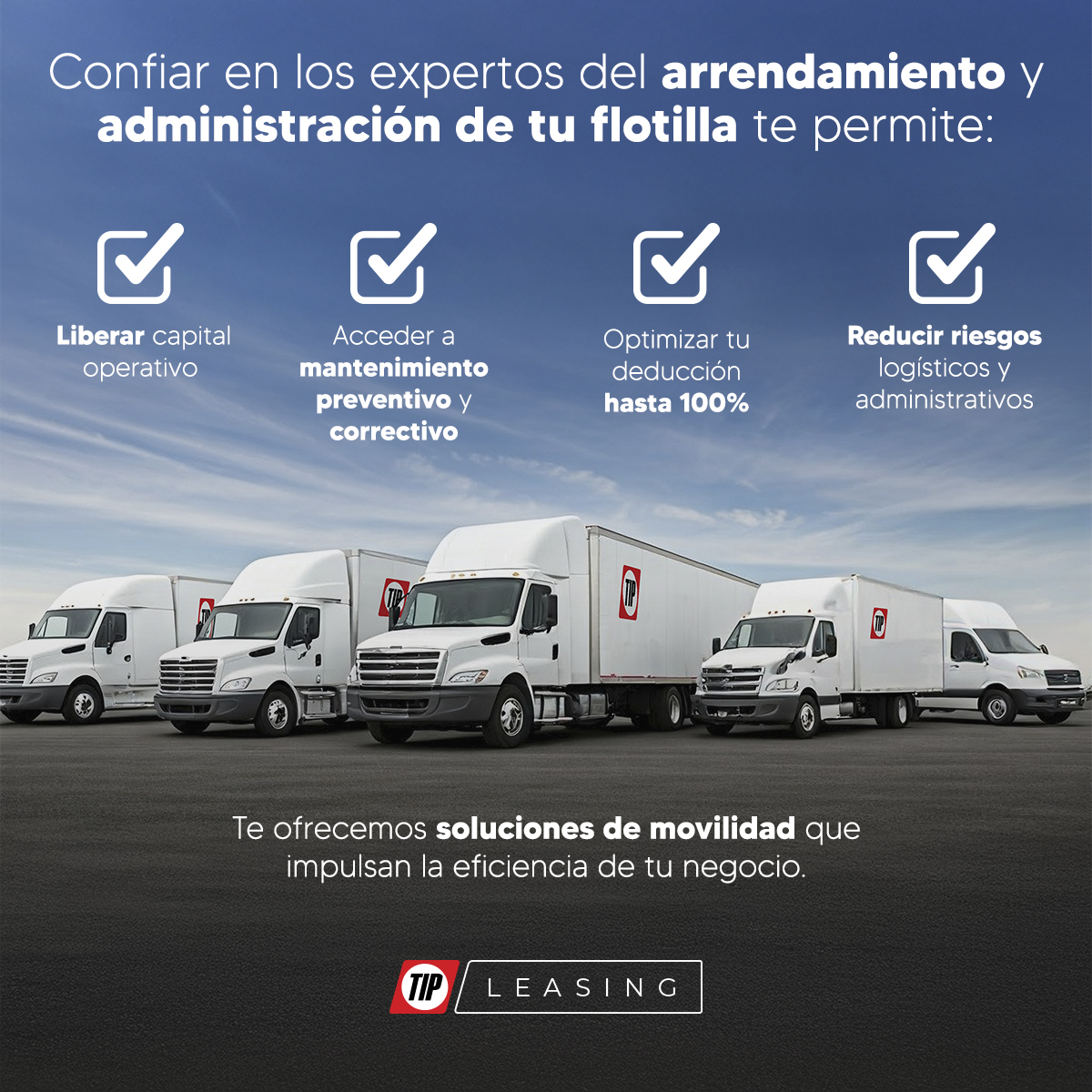 TIPMexico's tweet image. 🛻 ¿Tu empresa opera con una flota de vehículos?
Una gestión ineficiente no solo incrementa costos operativos, también compromete tiempos de entrega, cumplimiento y rentabilidad. ¡Confía en nosotros como tu socio estratégico en movilidad empresarial! 🚐 #TIPMéxico #TIPLeasing