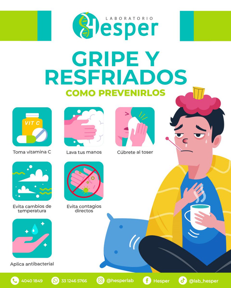 Hesperlab's tweet image. ✨ En 𝐋𝐚𝐛𝐨𝐫𝐚𝐭𝐨𝐫𝐢𝐨 𝐇𝐞𝐬𝐩𝐞𝐫 nos importa tu bienestar. 

𝗟𝗮 𝗴𝗿𝗶𝗽𝗲 𝘆 𝗹𝗼𝘀 𝗿𝗲𝘀𝗳𝗿𝗶𝗮𝗱𝗼𝘀 pueden prevenirse con hábitos simples que hacen una gran diferencia 👇🏻