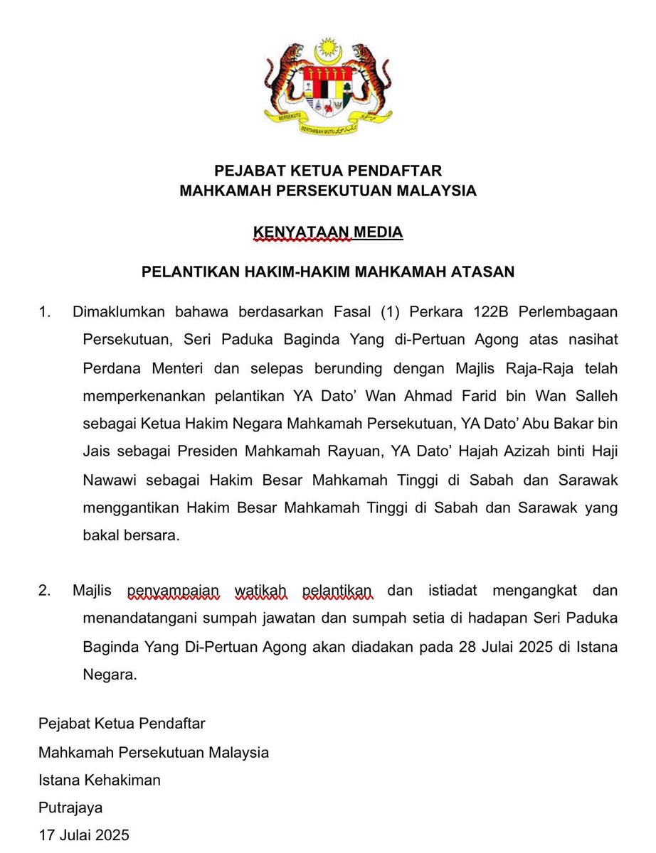 MasidiM's tweet image. YAA Dato’ Wan Ahmad Farid bin Wan Salleh is Malaysia’s new top judge (Chief Justice)