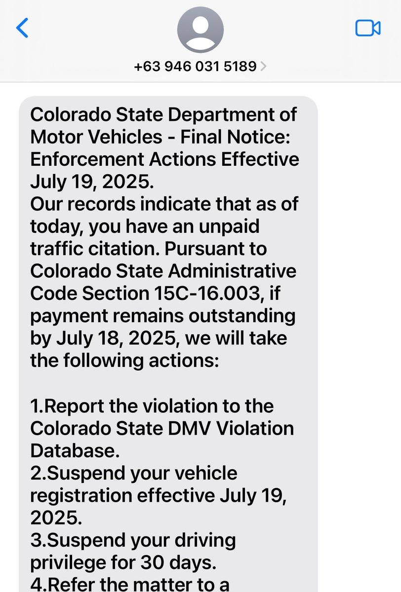 CSP_Boulder's tweet image. Erm 🫤 SCAM WARNING 🚨

This text isn’t from the Colorado DMV. It’s a scam.

✔️ The DMV won’t text you from a +63 number (that’s the Philippines).
✔️ Don’t click any links.
✔️ Don’t give out info.
✔️ Delete it.

Stay sharp out there, Colorado.
#ScamAlert #Colorado #bouldercounty