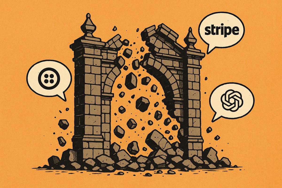 APIs smash gates. Twilio, Stripe, others turned permission/coordination/capital bottlenecks into self‑serve endpoints.

AI auto‑integrates. Models now use and wire APIs (call tools, map formats, write glue).

Double Whammy. Gate falls and integration lag collapses—from years to
