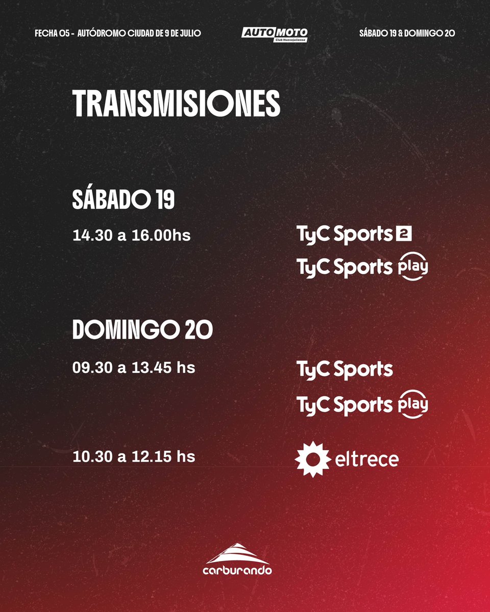 Cronograma de la 5ta fecha del TC2000 🏁⚡️🫶

Se viene un fin de semana a todo motor,  junto al @topraceok a @formulanacionalargentina y a la @fiatcompetizione, nos vemos 19 y 20 de Julio, en el Autódromo Ciudad de Nueve de Julio🏁

#estoestc2000 #tc2000
