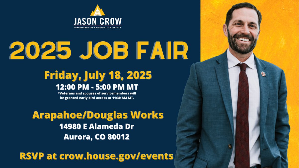 RepJasonCrow's tweet image. TOMORROW: Team Crow is hosting a Job Fair in Aurora!
Meet with top employers in the Greater Denver area, including local school districts, local governments, and more. Employers are hiring all skill levels.
RSVP Here: crow.house.gov/news/events