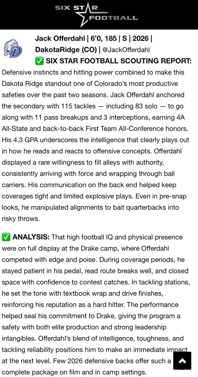 JackOfferdahl's tweet image. Thank you so much @sixstarfootball  for the write up!! @DrakeBulldogsFB @CoachJoeWoodley  @Coach_VasquezAJ @AdamCox38 @CoachDAdams @DBCoachJB @ProStarSports @DakotaRidgeFB