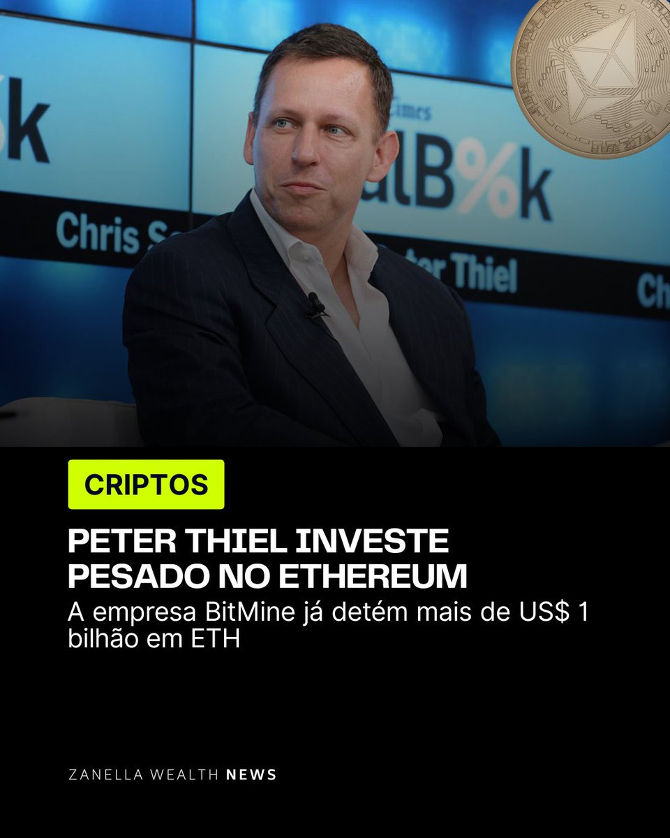 RenantZanella's tweet image. Peter Thiel acaba de entrar de vez no jogo do Ethereum.

O bilionário cofundador do PayPal e da Palantir tornou-se o maior acionista individual da BitMine Immersion Technologies, empresa que está se posicionando como a &quot;MicroStrategy do ETH&quot;.

Com uma posição de 9,1% e mais de 5…