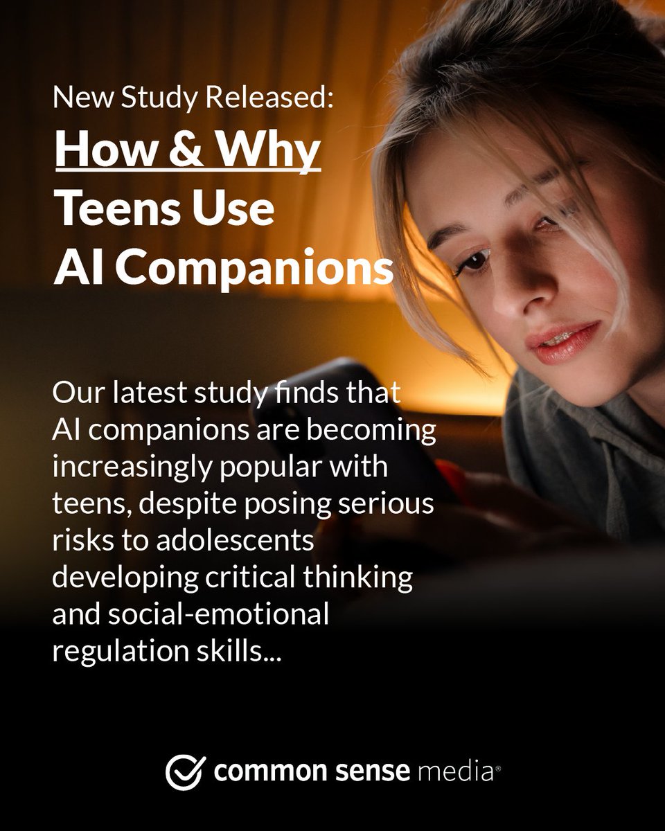 CommonSense's tweet image. 🧵Common Sense Media just launched new research on how and why teens are using AI companions. What findings stand out to you most?