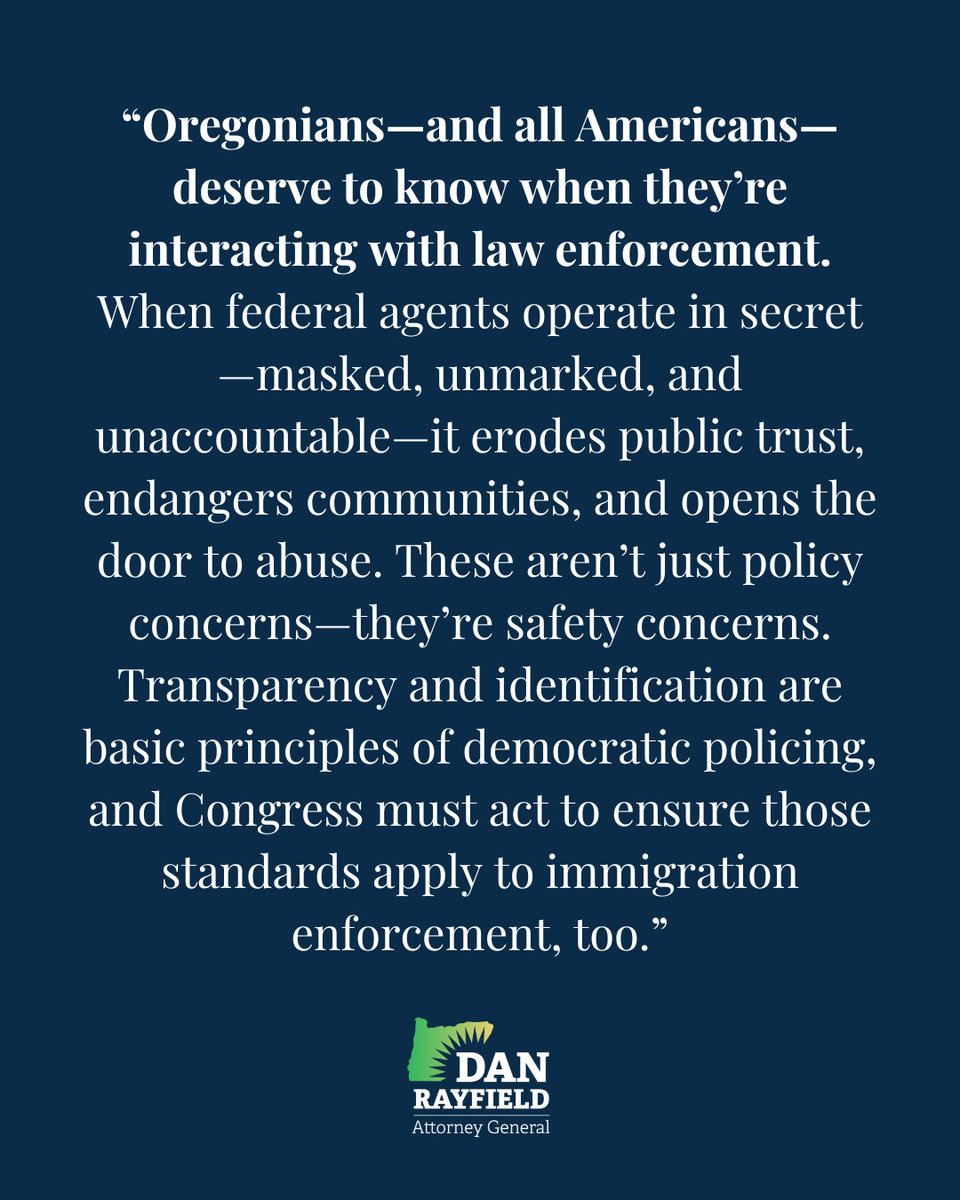 AGDanRayfield's tweet image. We recently urged Congress to pass legislation to curb deceptive tactics by ICE. We support the legislation Senator @RonWyden introduced this week to do so.
Read more: oregonlive.com/politics/2025/…