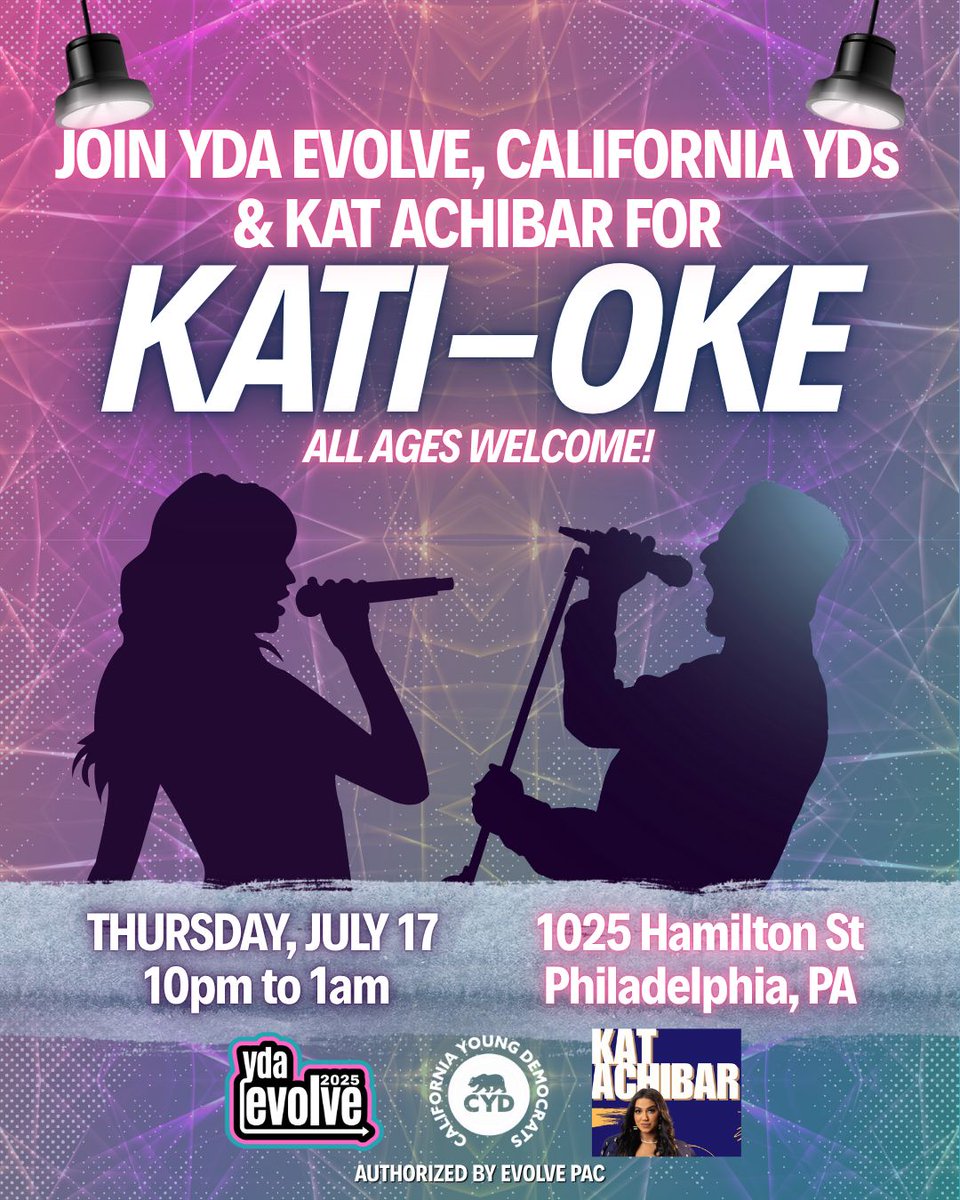 This duet just became a trio, y'all!

Join YDA Evolve, @CAYoungDemocrats, and Eastern VP candidate Kat Achibar TONIGHT for KATI-OKE!

Details here: