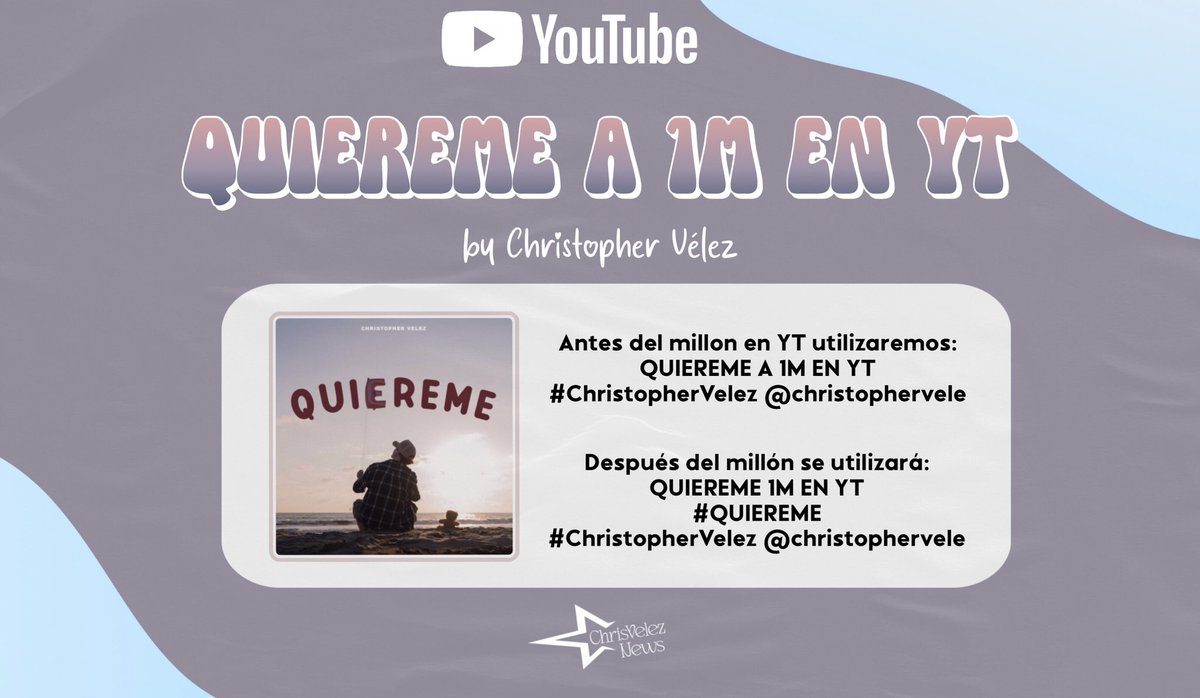 QUIEREME A 1M EN YT 🤍

Hagamos que #QUIEREME llegue a su primer millón de views en plataforma YouTube, únete usando la primera frase mientras la reproduces en dicha plataforma 🙌🏻

🔗youtu.be/iNud5SGKNbw?si…