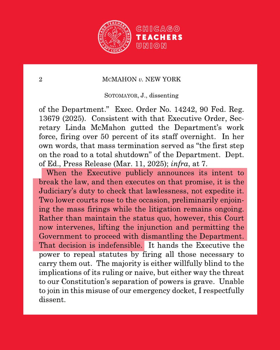 CTULocal1's tweet image. The Supreme Court just gave the green light to a presidential power grab that guts the very agency meant to protect our students - the US Department of Education.
In McMahon v. New York, the Supreme Court sided with mass firings and chaos over stability and equity. Justice…