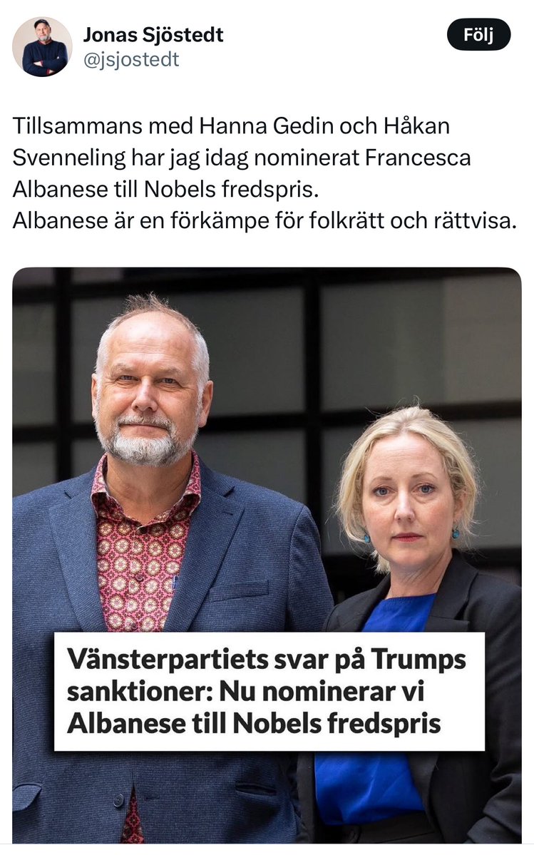 weimers's tweet image. Fantastiskt val, @jsjostedt!
Ingenting kan bana vägen för Nobels fredspris såsom relativisering av avrättade bebisar, lustmördade festivalbesökare och våldtagna mormödrar.