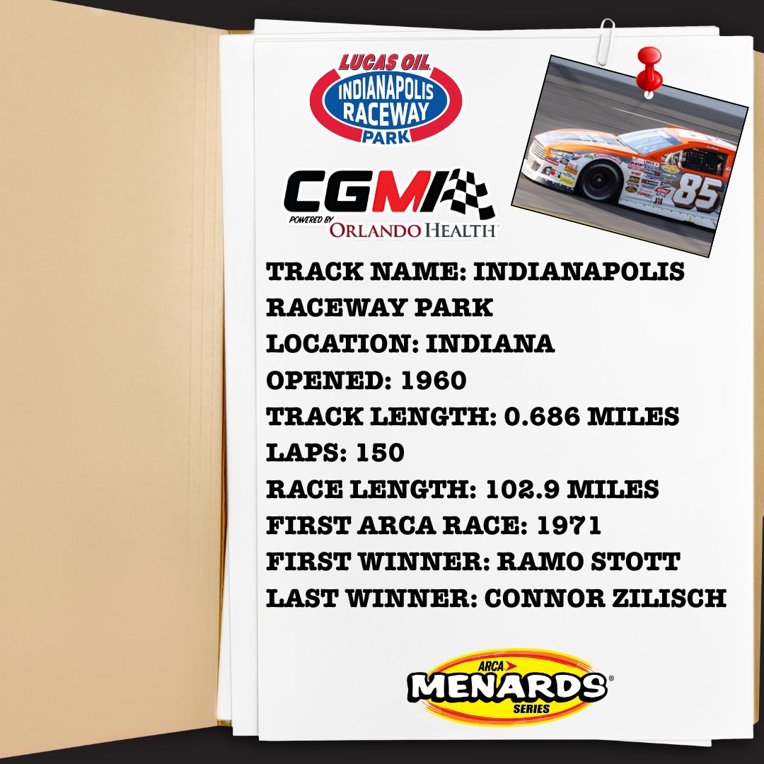 📂 CGM: Track Files – IRP 🏁
Get to know Lucas Oil Indianapolis Raceway Park — a short track with big-time history and even bigger challenges.

🔍 Quick Facts:
📍 Brownsburg, IN | 📏 0.686 miles
🏁 ARCA debut: 1971 (Ramo Stott)
🎯 12° progressive-banked oval
🎥 FS1 coverage
🏆