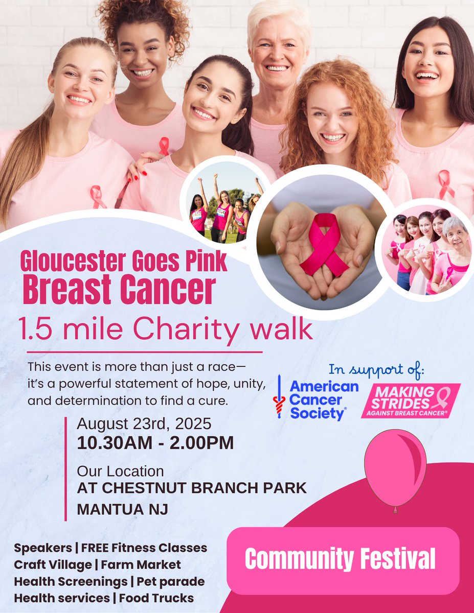 PCOSGurl's tweet image. Are you in #SouthJersey or #philadelphia ?
Come out to our #BreastCancer community festival and charity walk
The 2nd Annual Gloucester Goes Pink
August 23rd
Chestnut Branch Park
Mantua, NJ 08051
Follow on #Facebook for more info
facebook.com/events/s/glouc…