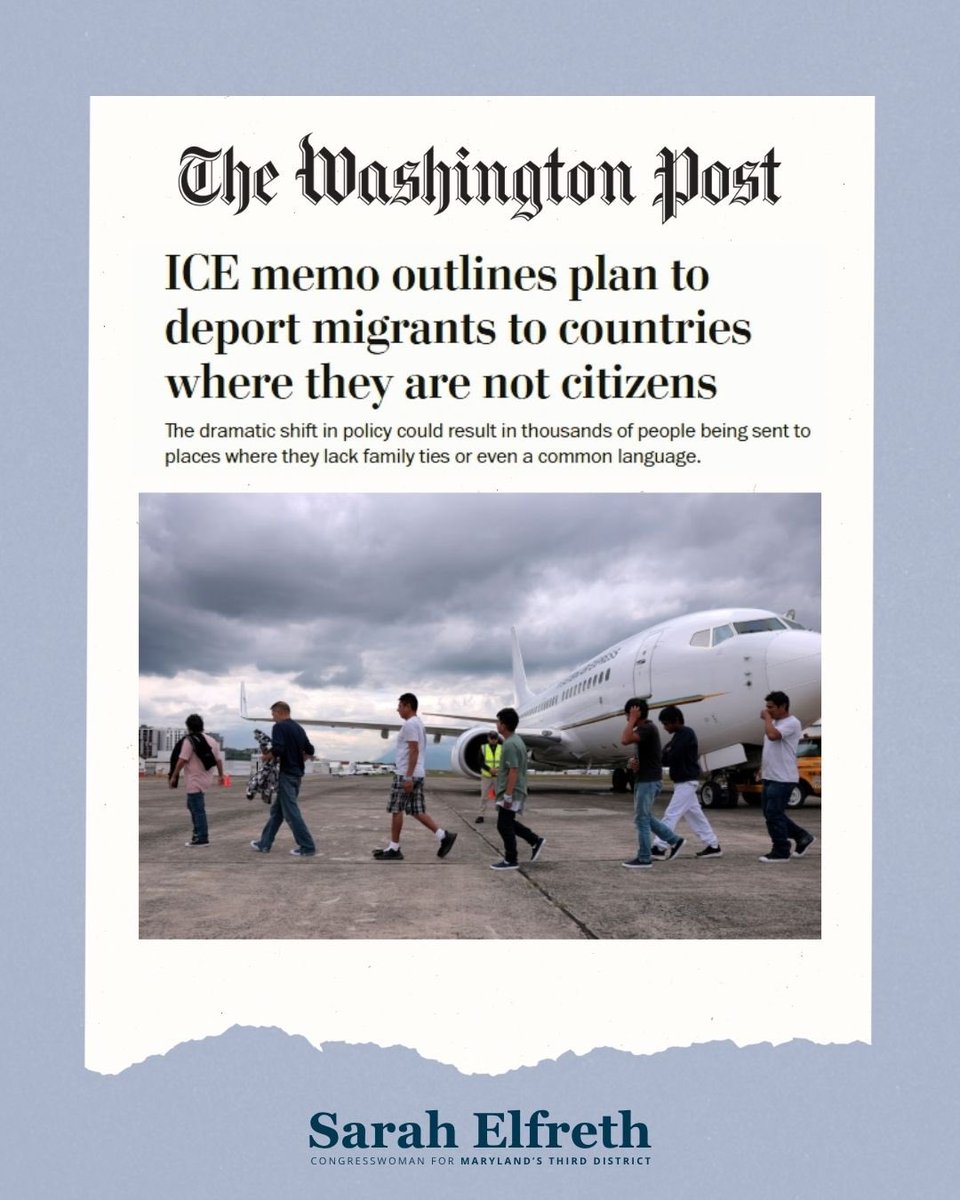 RepSarahElfreth's tweet image. I am appalled by the latest ICE memo giving immigrants mere hours to prepare for deportation – in some cases to countries where they have no connections and where they could be persecuted or tortured on arrival. Not only is this an unconstitutional violation of Due Process, but…