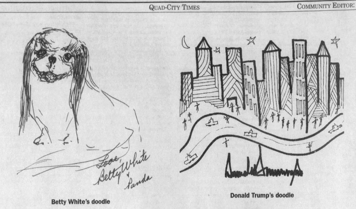 anniierau's tweet photo. apparently at a 2004 charity auction in iowa, trump was neck in neck with clay aiken for top selling doodle. there's no pic of clay aiken's drawing but here's one by betty white! https://t.co/BSmSfj9RMh