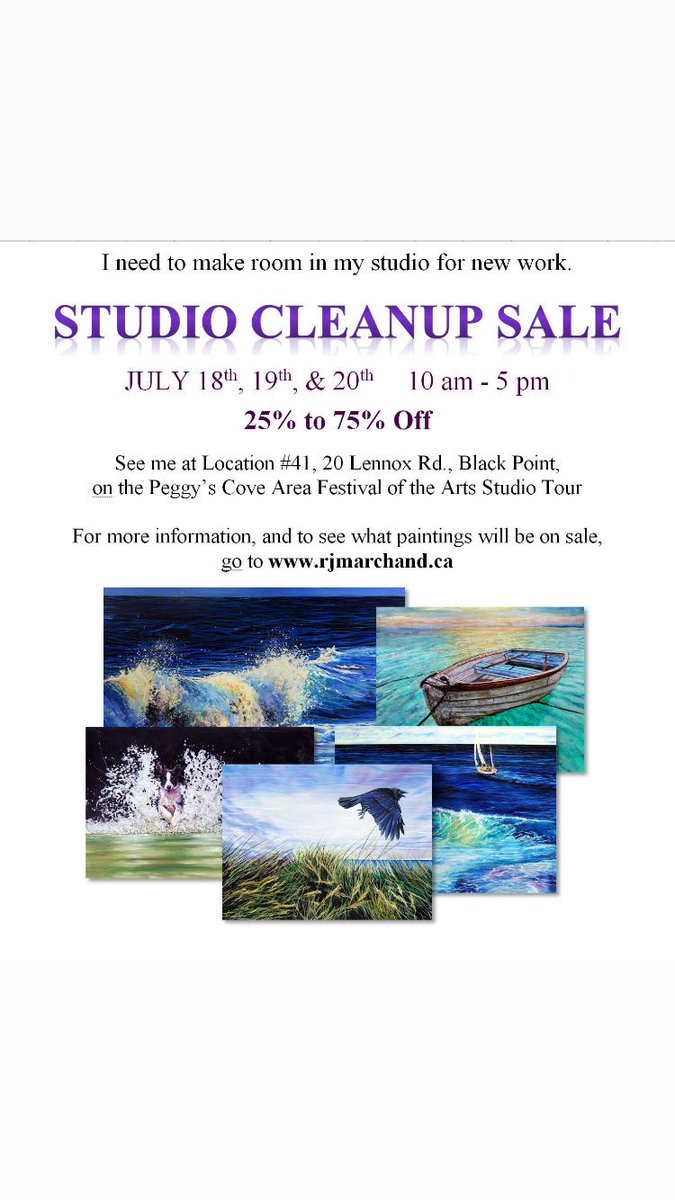 rjmarchand's tweet photo. Save 25% to 75% on original paintings currently in my studio during the Peggy's Cove Area Studio Tour Weekend, July 18th, 19th and 20th from 10 am to 5 pm., Location #41 Dozens of paintings, as well as prints and cards, will be on sale. 

https://t.co/xtcYSOqcFe  for more info https://t.co/Z8p98C31eA