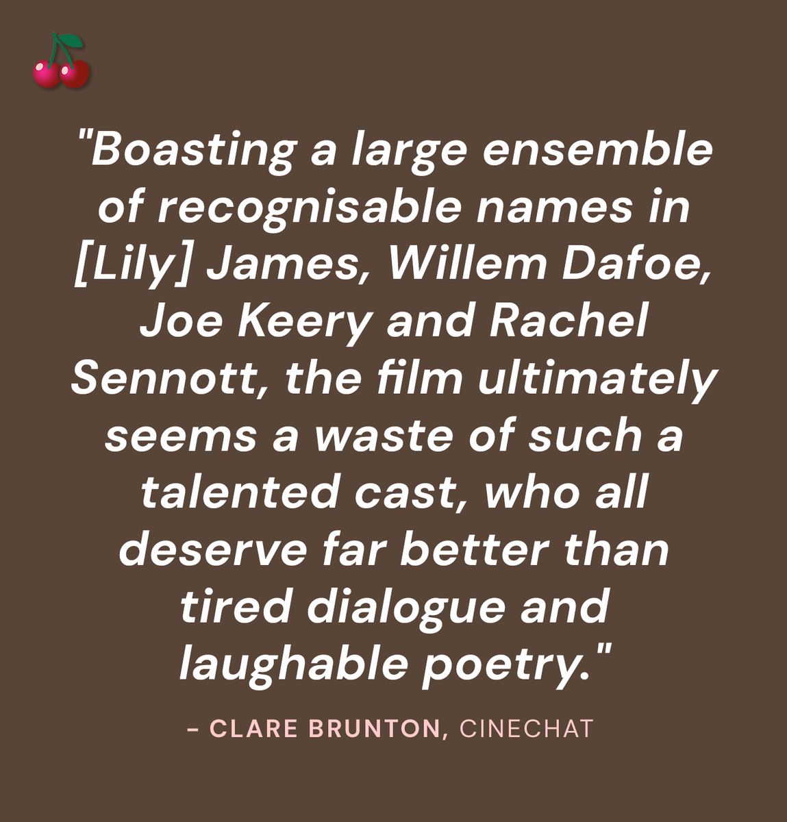 TheCherryPicks's tweet image. FINALLY DAWN (45% #CherryScore) "Boasting a large ensemble of recognisable names...the film ultimately seems a waste of such a talented cast, who all deserve far better than tired dialogue and laughable poetry." - Clare Brunton, CineChat
Read reviews 🔗: thecherrypicks.com/films/finally-…