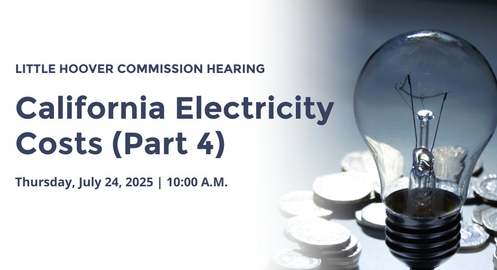 CA Little Hoover (@calittlehoover) on Twitter photo Join #LittleHoover on Thursday, July 24 at 10 a.m. for our fourth hearing on California's electricity costs. We’ll be joined by <a href="/californiapuc/">California PUC</a>, <a href="/CalEnergy/">California Energy Commission - ⚡#CalEnergy</a>, and <a href="/Cal_Advocates/">Public Advocates Office</a>.
Hearing details: bit.ly/4eVxpad Join #LittleHoover on Thursday, July 24 at 10 a.m. for our fourth hearing on California's electricity costs. We’ll be joined by <a href="/californiapuc/">California PUC</a>, <a href="/CalEnergy/">California Energy Commission - ⚡#CalEnergy</a>, and <a href="/Cal_Advocates/">Public Advocates Office</a>.
Hearing details: bit.ly/4eVxpad
