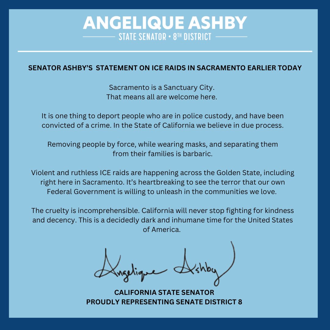 SenatorAshby's tweet image. Statement on ICE Raids in Sacramento Earlier Today