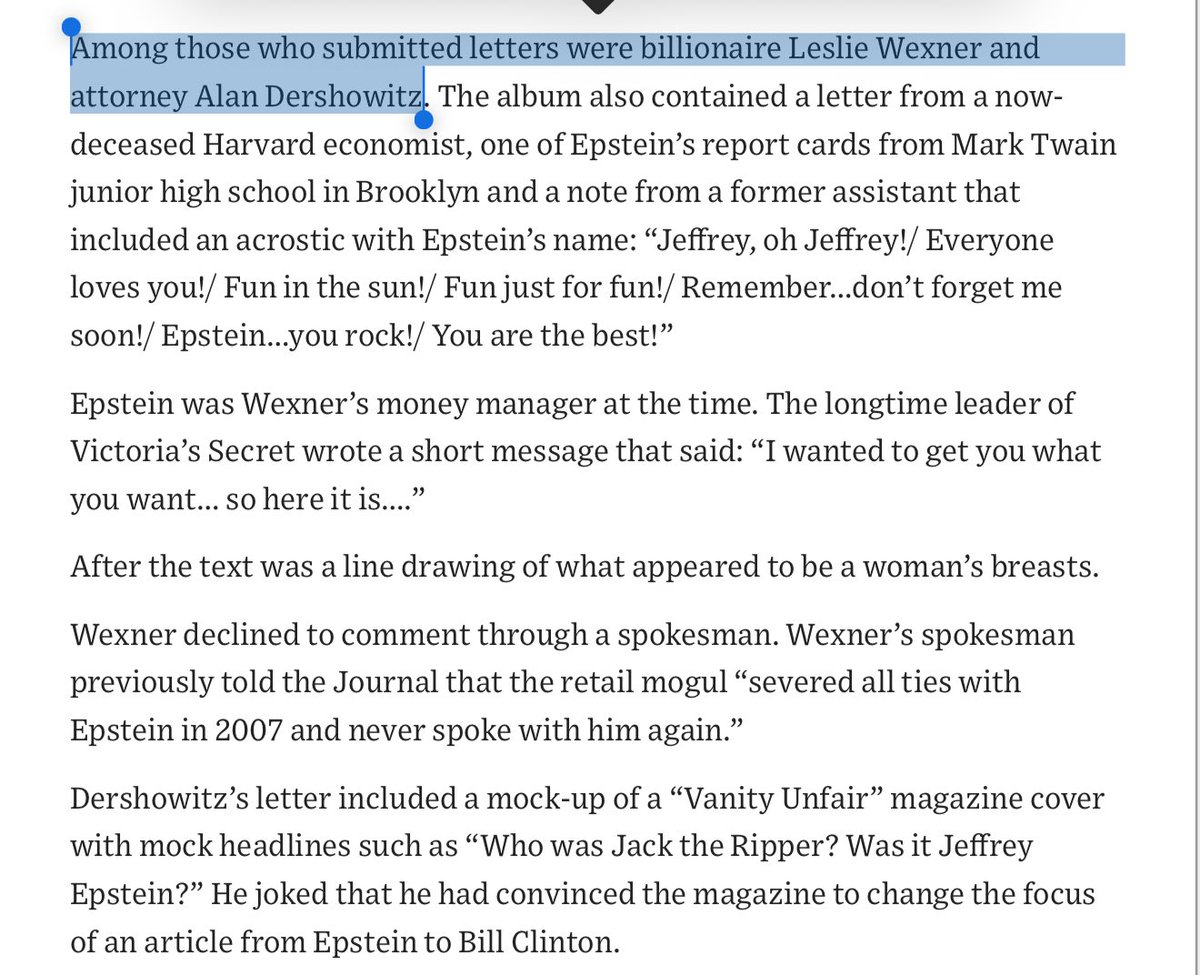 DiedSuddenly_'s tweet image. 🚨 BREAKING: MEGA group founder Leslie Wexner and Pro-Israel attorney Alan Dershowitz named as friends and clients who wished convicted sex offender Jeffrey Epstein happy birthday.
Dershowitz, who previously admitted to getting massages at Epstein’s house, joked about how he…