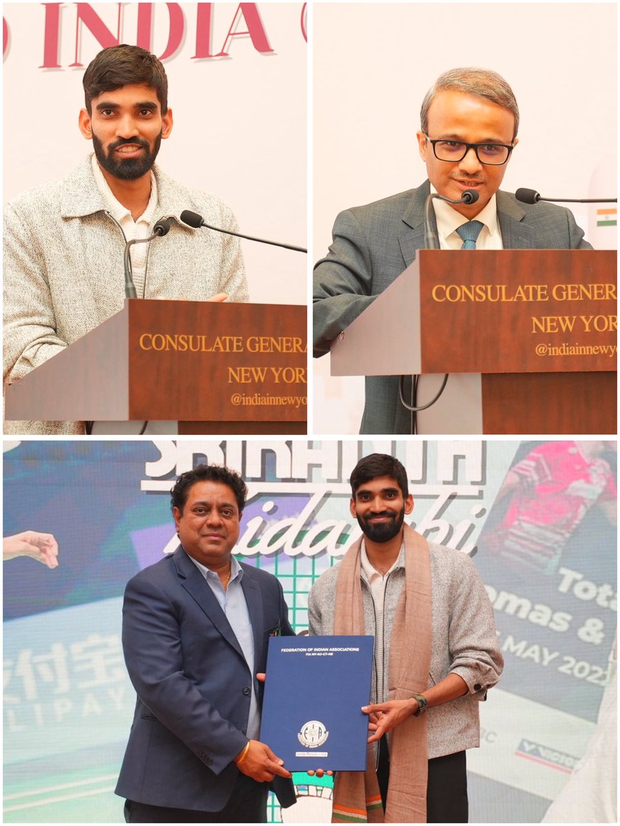 🏸✨ Honoured to felicitate Indian badminton star Mr. Srikanth Kidambi <a href="/srikidambi/">Kidambi Srikanth</a> at the Consulate General of India in New York. 
Grateful to our friends at @FIANYNJCTorg for joining us in celebrating his inspiring journey and contribution to Indian sports. 🇮🇳 #CGINY #Badminton