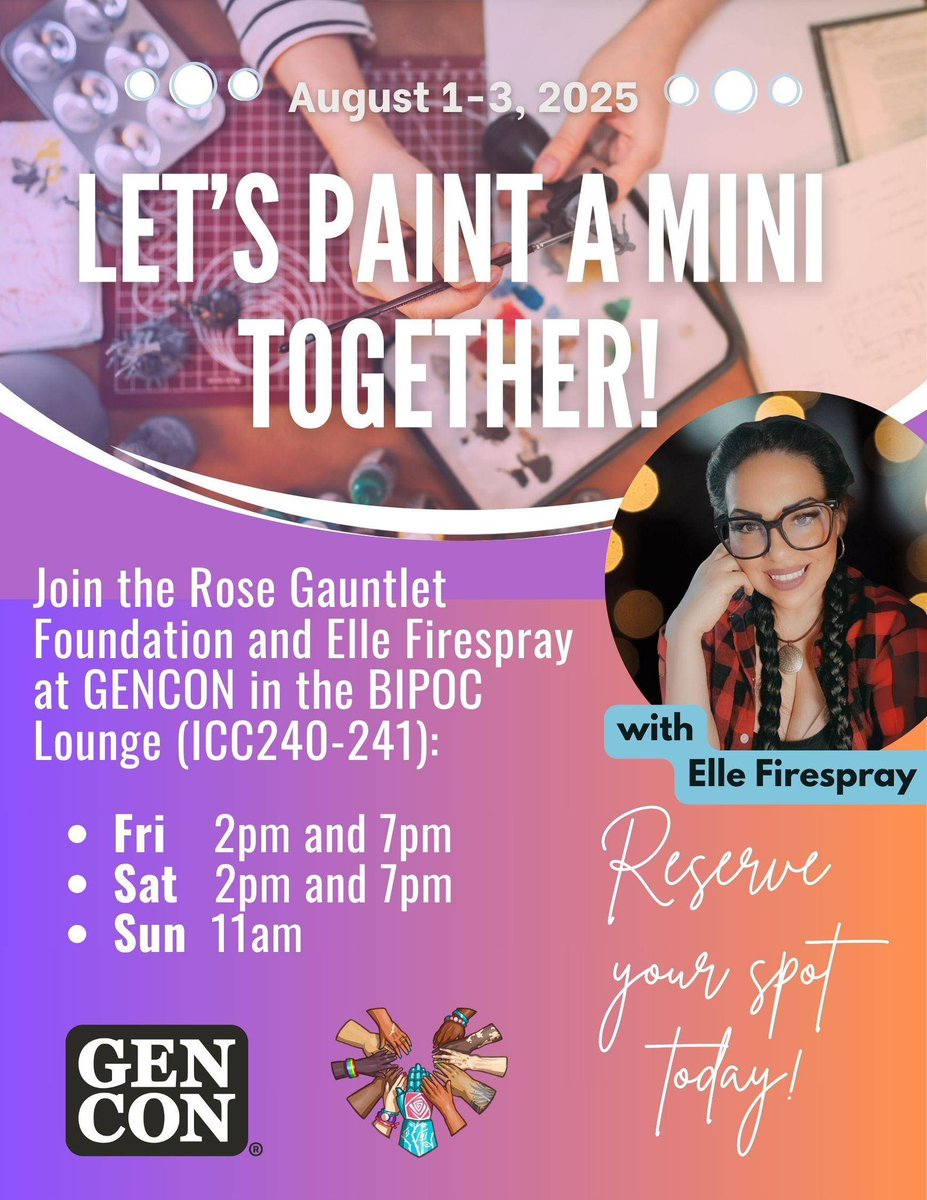 RoseGauntletFDN's tweet photo. Big changes and more to come! We are so excited for this year's BIPOC lounge @gen_con! We look forward to reconnecting with our community and seeing new faces. Join us and sign up for events on the Gen Con website! #miniaturepainting #gencon #gencon2025 #rosegauntletfoundation https://t.co/yy5z744TRh