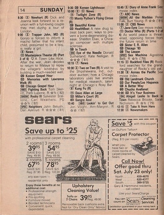 ChicagoTVGuides's tweet image. #OTD in 1983
⭐️ Final Episode of CHiPs
Voyager, USFL Championship (Panthers over Stars), Alice, One Day at a Time, Jeffersons, "Getting Away with Murder", Newhart, Trapper John MD, more...
Chicago Sun-Times TV Prevue. July 17, 1983