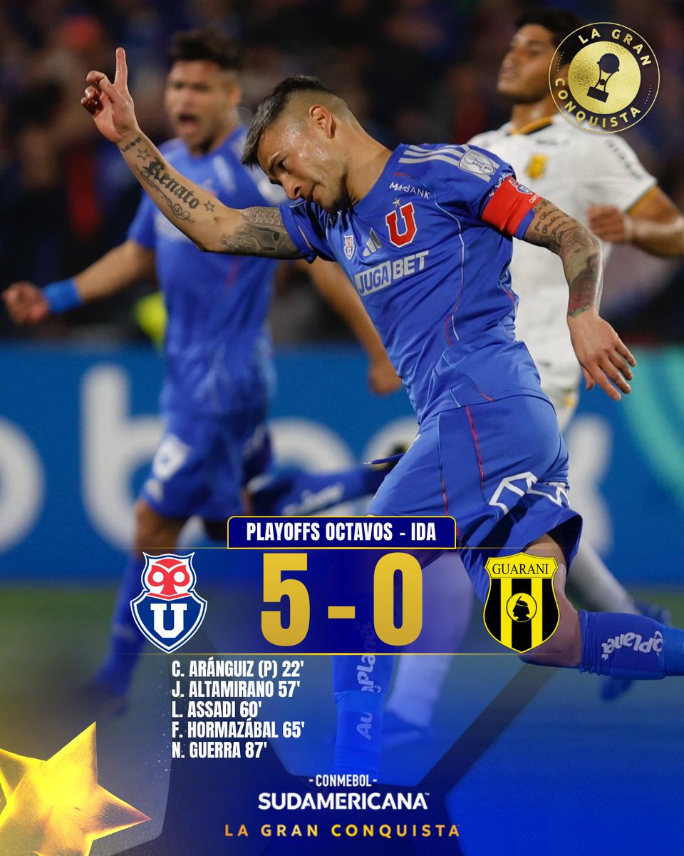 🤘🔝✅ ¡Triunfazo de <a href="/udechile/">Universidad de Chile</a>! Se impuso 5-0 ante <a href="/ClubGuarani/">Club Guarani</a> por la ida de los Playoffs de Octavos de Final de la CONMEBOL #Sudamericana 🏆

#LaGranConquista
