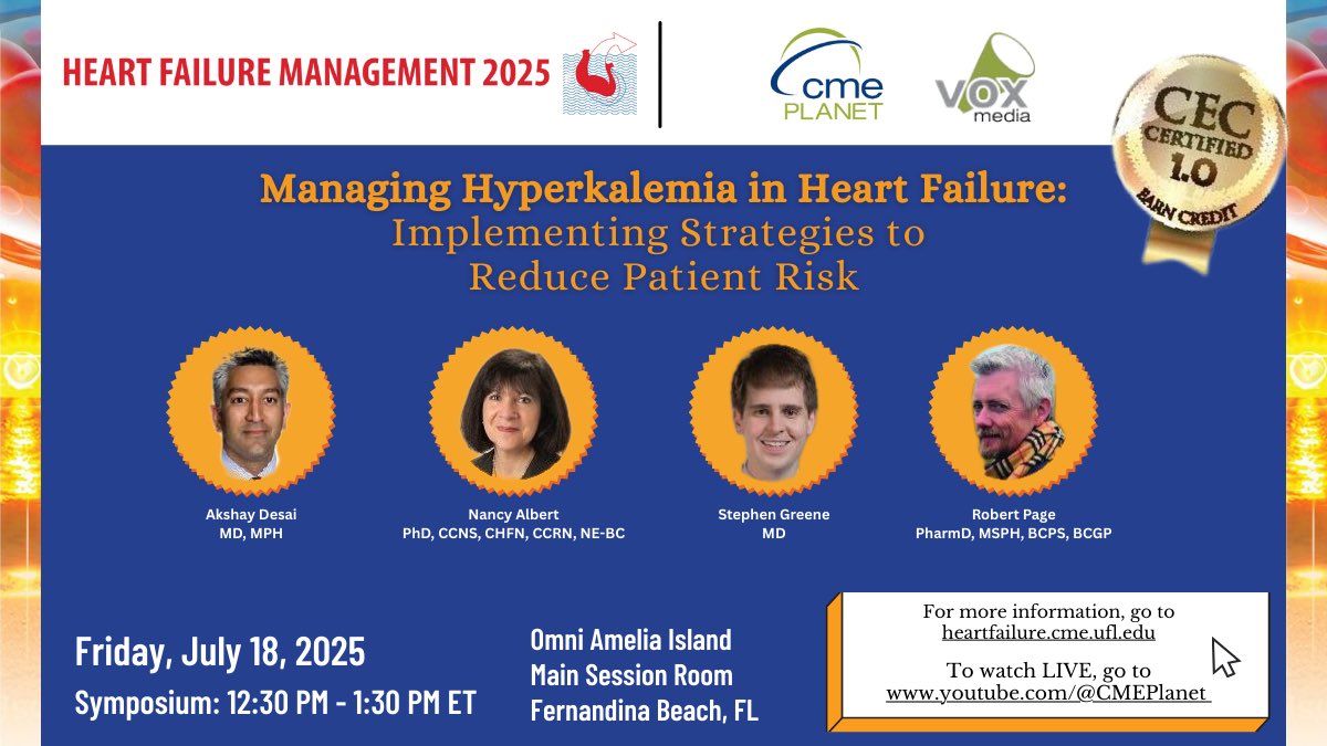 CMEPlanet's tweet image. TOMORROW!
At the 2025 Heart Failure Management Conference in Fernandina Beach, FL
Join us for a #cme program:
Friday, July 18
12:30-1:30 PM ET
Managing Hyperkalemia in Heart Failure: Implementing Strategies to Reduce Patient Risk
LIVE at youtube.com/@cmeplanet
#hfm2025