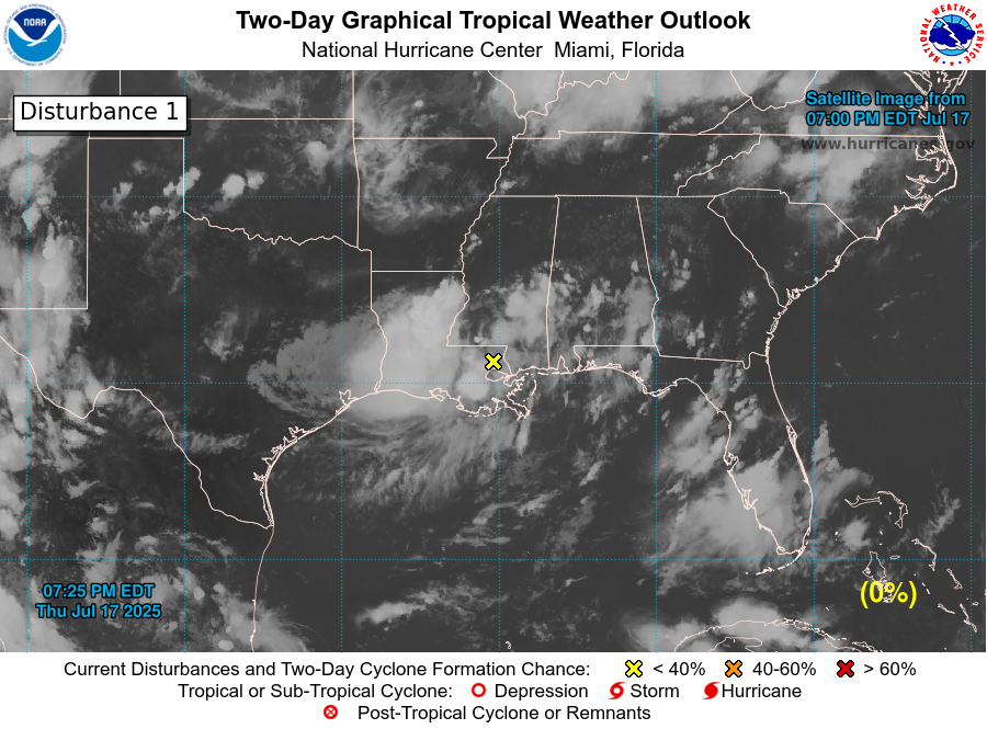 NHC_Atlantic's tweet image. 8 pm Thu Jul 17: A broad area of low pressure (#AL93) has moved inland over southeastern Louisiana, and development is therefore not expected. However, heavy rain and localized flash flooding remain possible through Friday along the north-central Gulf Coast.
This is the last…