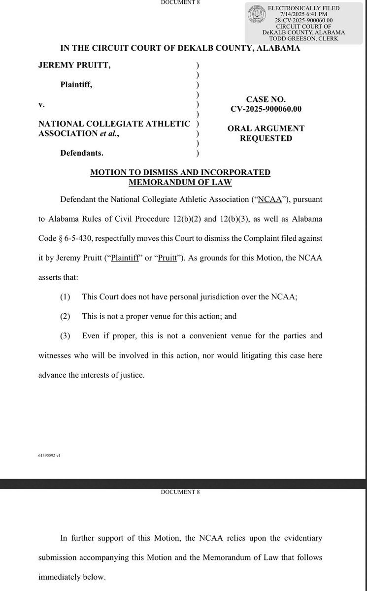 mikerodak's tweet image. The NCAA argued in a DeKalb County, Alabama court filing this week that Jeremy Pruitt’s $100M lawsuit should be dismissed because Alabama doesn’t have jurisdiction.
Pruitt on Thursday subpoenaed Phillip Fulmer, the University of Tennessee and others to testify in October.