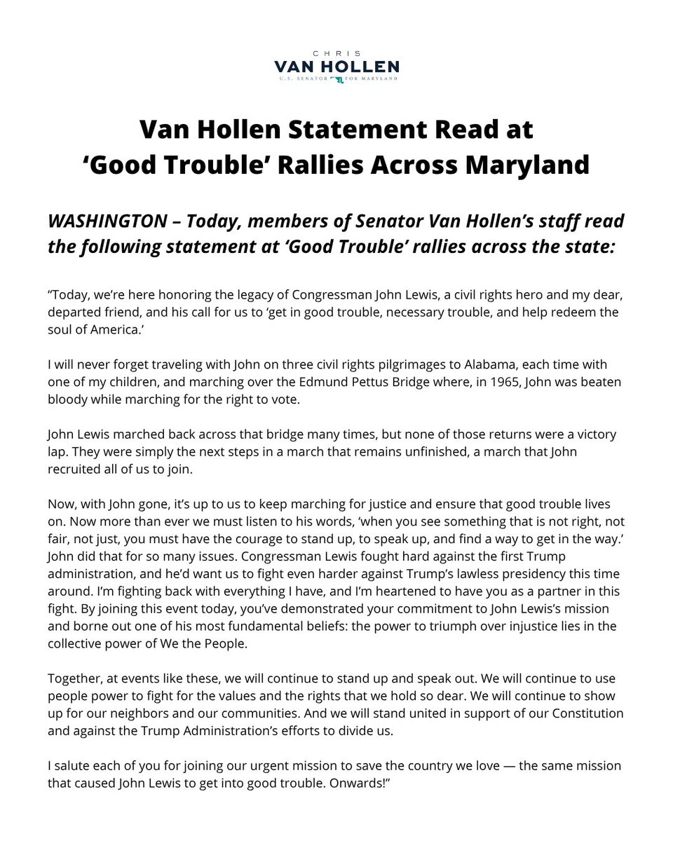 ChrisVanHollen's tweet image. As we mark 5 years since the passing of John Lewis, it's heartening that so many have honored him today exactly how he would've wanted: with action and Good Trouble.
While I've been voting in the Senate today, I'd like to share a statement my team delivered at rallies across…