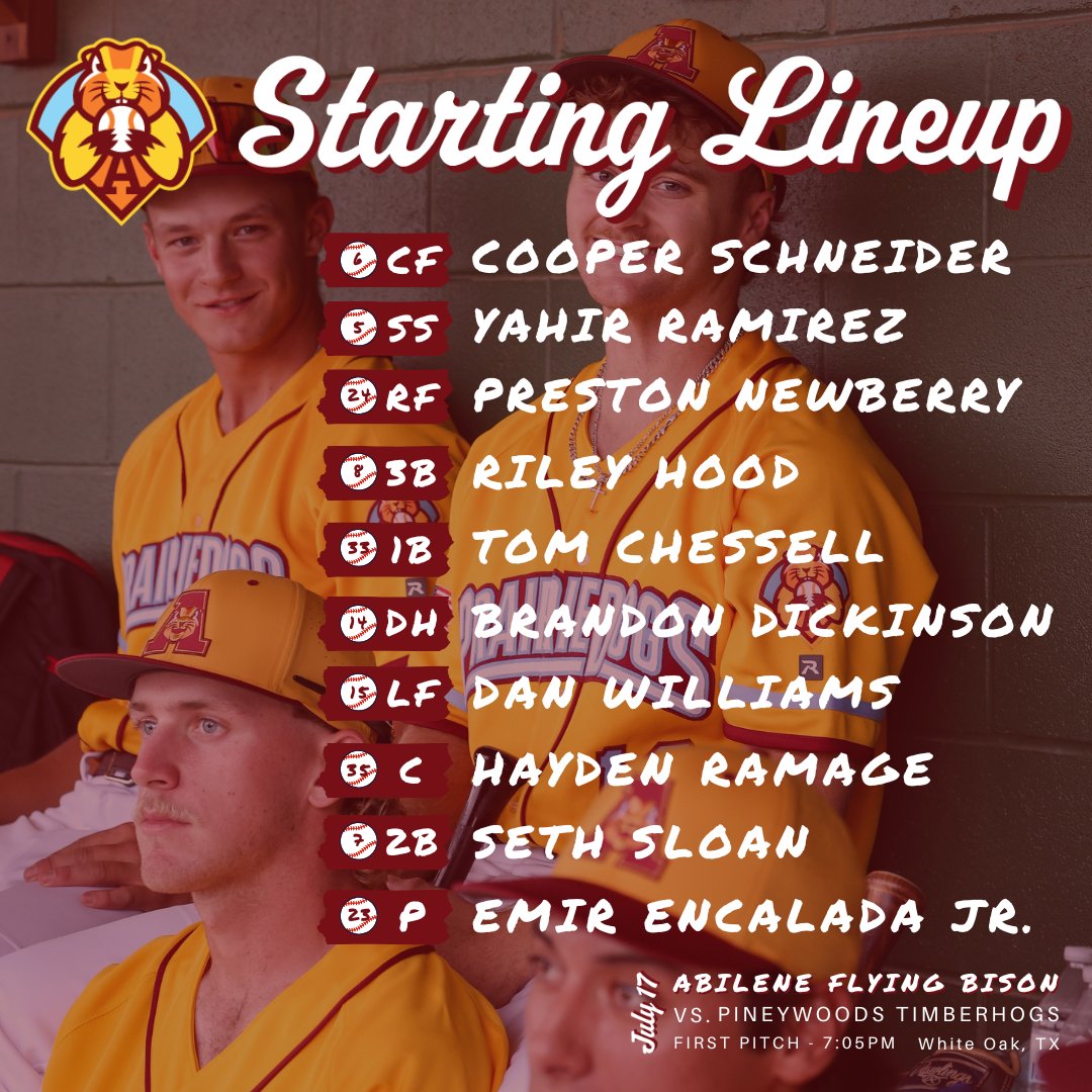 THEY GOT THAT DOG IN 'EM! Here's tonight's starting lineup for YOUR Abilene Prairie Dogs ––
<a href="/02CoopSchneider/">Cooper Schneider</a> <a href="/yahirram_23/">Yahir Ramirez</a> <a href="/prestonnew10/">Preston Newberry</a> <a href="/RileyHood4/">Riley Hood</a> <a href="/TomChessell_/">Tom chessell</a> <a href="/BrandonDickyy/">Brandon Dickinson</a> <a href="/haydenramage20/">Hayden Ramage</a> <a href="/SethSloan2024/">Seth Sloan</a> <a href="/EncaladaEmirJr/">Emir Encalada Jr.</a>
