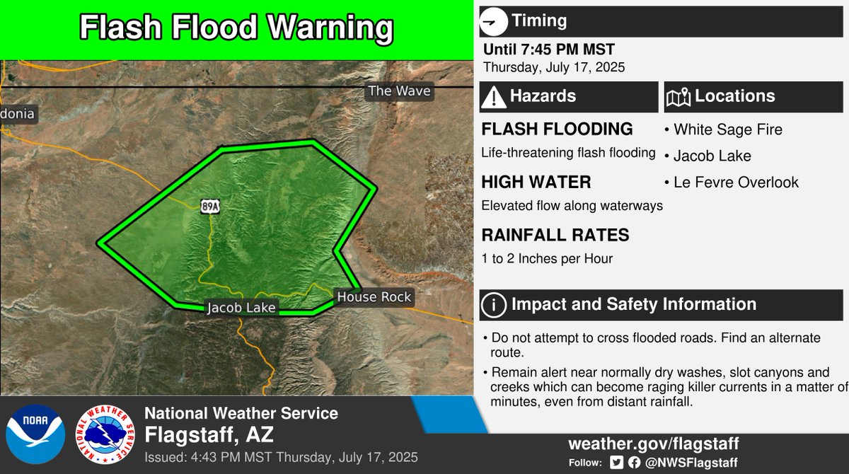 NWSFlagstaff's tweet image. ⚠️ Flash Flood Warning ⚠️ in effect until 7:45 PM MST for portions of Coconino County.
This includes the White Sage Fire, Jacob Lake and Le Fevre Overlook. More info: weather.gov/fgz/wwa?wfo=KF…. #azwx