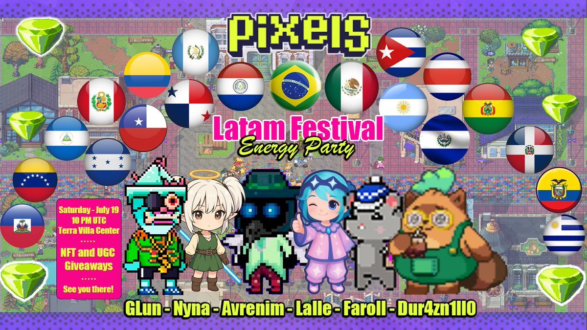 GLun's tweet image. Este Sรกbado tendremos un evento muy especial para celebrar la comunidad LATAM en Pixels!
Fiesta de energia con muchos premios y lo estaremos transmitiendo en vivo! ๐คฉ Con la presencia de muchos amigos de la comunidad como @julianasnav @madlmentaaa @LucianaTL @FarollGMCโฆ
