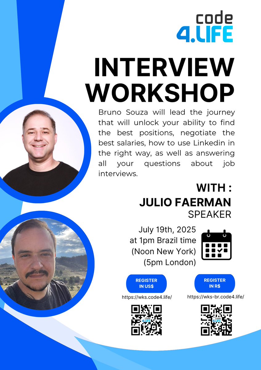 lgsreal's tweet image. Check out this great video I found of @brjavaman talking about interviews: youtu.be/v_1iGHERnF0
And here’s the best part — he just announced a full workshop with @faermanj on this topic!
If you want to dive deeper, don’t miss it. Info in the image.
#techinterview