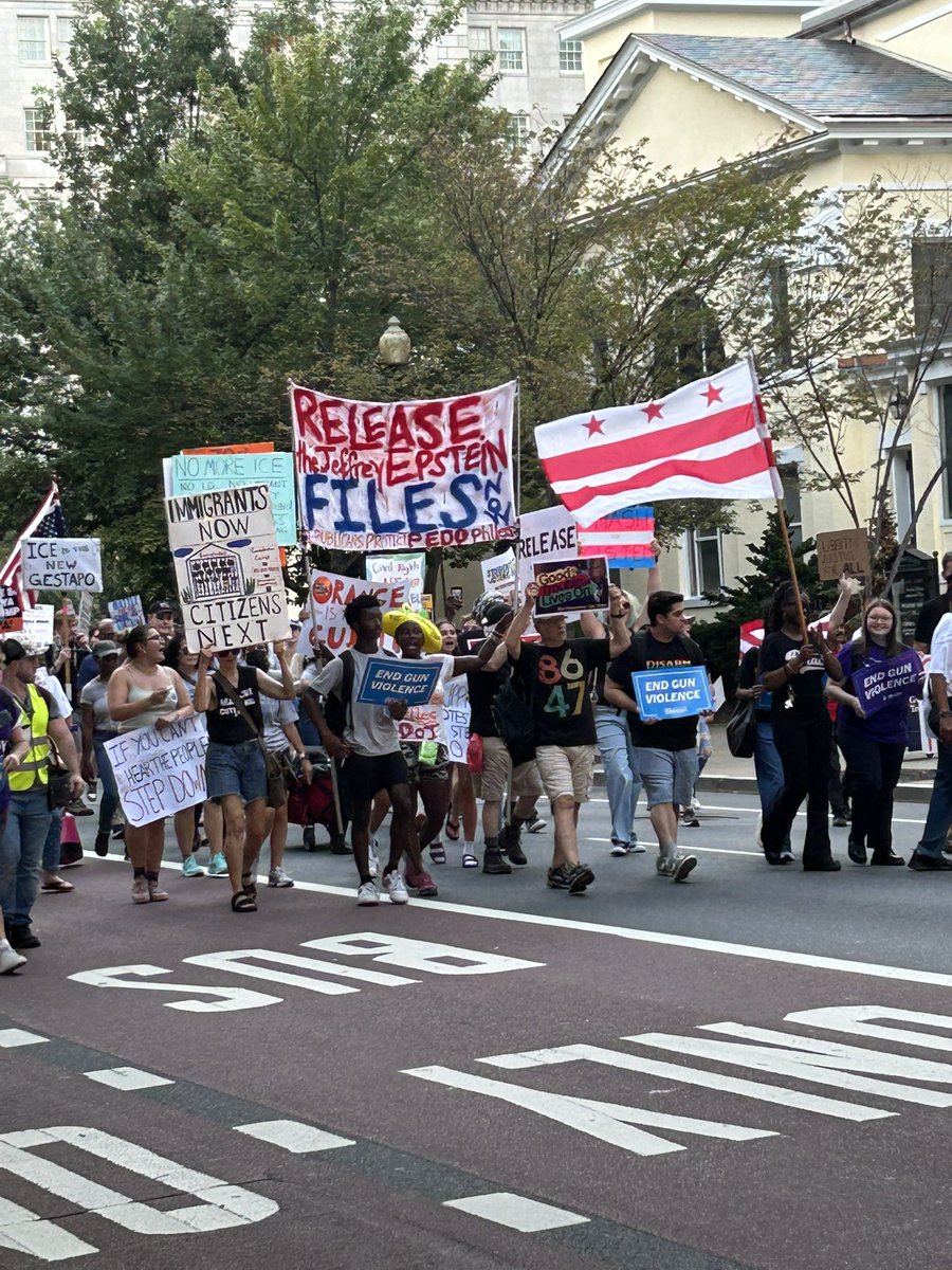 timerice1's tweet image. The lead banner in an anti-Israel protest marching through DC right now reads “Release The Jeffrey Epstein Files.”