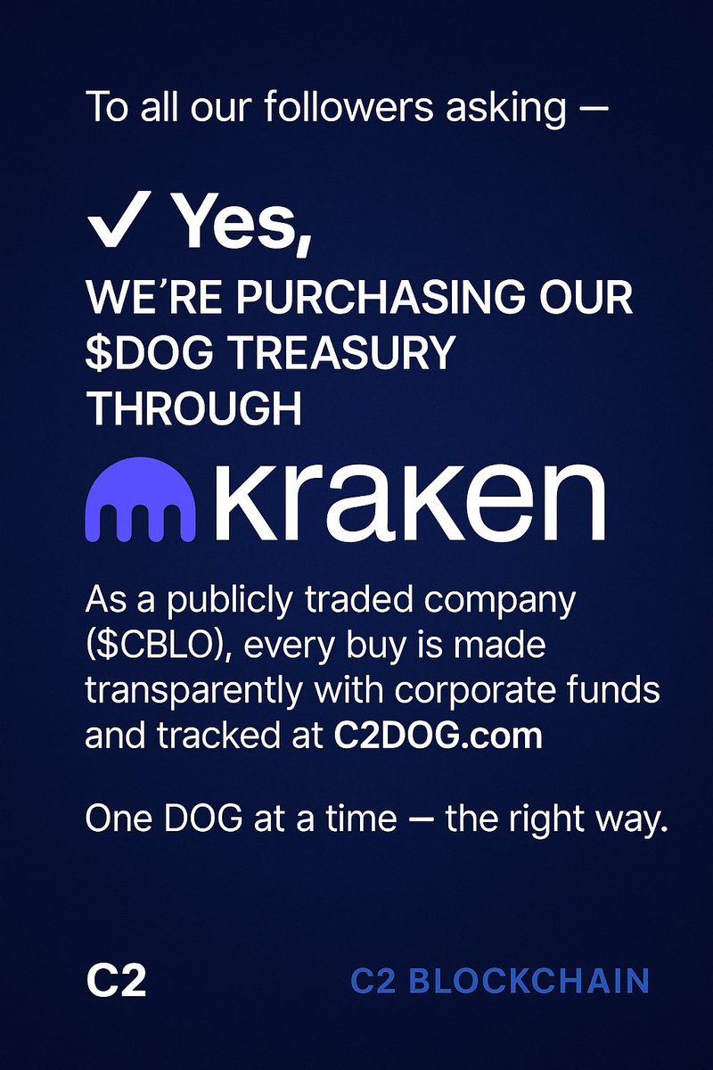 C2Blockchain's tweet image. To all our followers asking —
Yes, we’re purchasing our $DOG treasury through @krakenfx.
As a publicly traded company $CBLO, every buy is made transparently with corporate funds and tracked at C2DOG.com